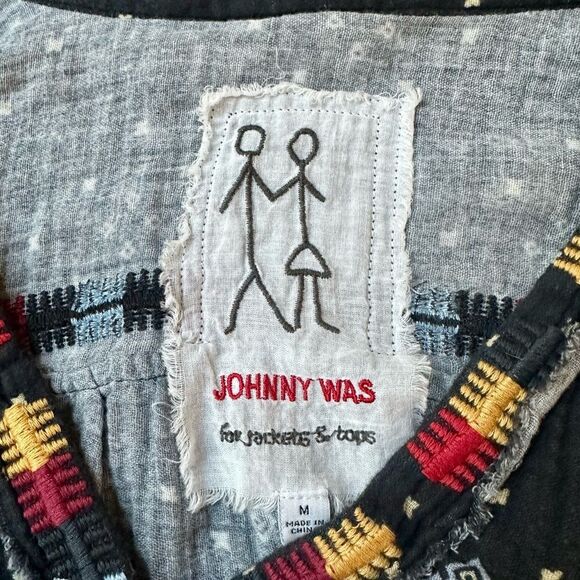 Johnny Was Nazareth Black Gauze Tunic Top with Colorful Accents. - Picture 2 of 9